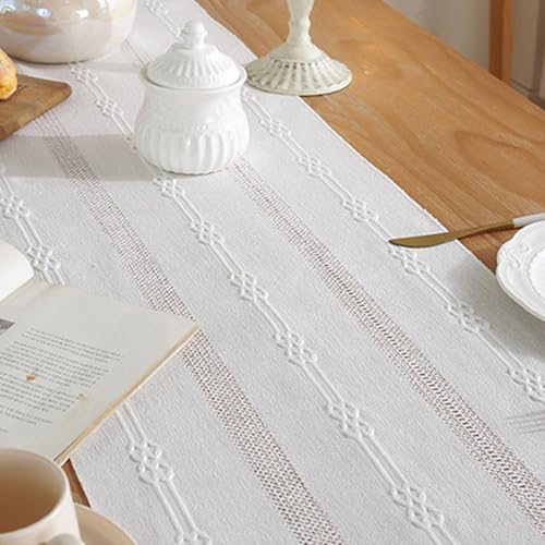 Table Runner, Boho Table Runner Cotton Linen Table Decorations, Farmhouse Table Runners with Tassels for Bohemian Wedding Bridal Shower Rustic Home Dining Table (12x72, White)
