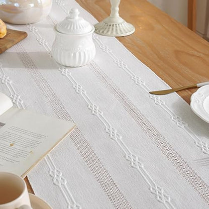 Table Runner, Boho Table Runner Cotton Linen Table Decorations, Farmhouse Table Runners with Tassels for Bohemian Wedding Bridal Shower Rustic Home Dining Table (12x72, White)