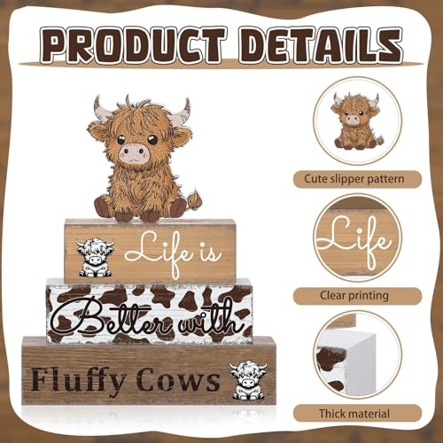 Geelin 4 Pcs Highland Cow Table Decorations Cow Wooden Tiered Tray Signs - style: Cattle