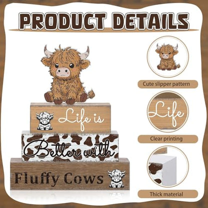 Geelin 4 Pcs Highland Cow Table Decorations Cow Wooden Tiered Tray Signs - style: Cattle