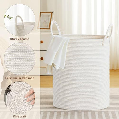 88L Large Tall Cotton Rope Laundry Basket with Handles, White - color: White, size: 88L