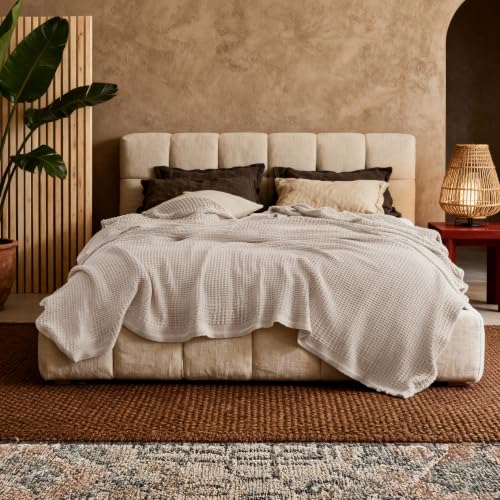 Bedsure 100% Cotton Blanket, Waffle Weave, Full Size, Beige, 80"x90" - color: 02 Beige, size: Full (80" X 90")