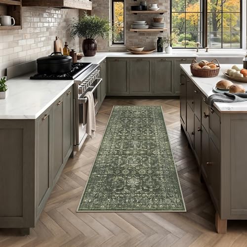 2x5 Washable Kitchen Runner Rug Non-Slip Boho Dark Green Throw Carpet - color: Dark Green, size: 2' x 5' (Runner)