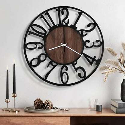 Maxstar 16" Silent Wall Clock – Battery Operated, Rustic Metal & Wood - color: Brown, size: 16 Inch