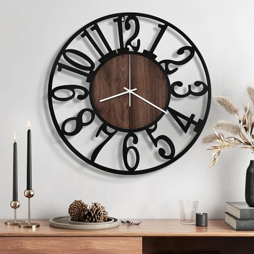 Maxstar 16" Silent Wall Clock – Battery Operated, Rustic Metal & Wood - color: Brown, size: 16 Inch