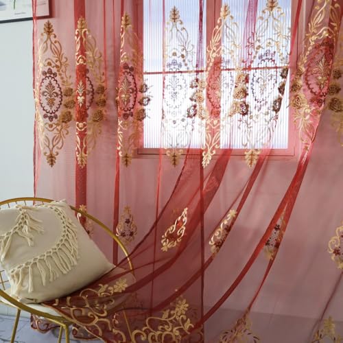 Amidoudou Rod Pocket Curtains European Luxury Sheer Embroidered Curtains for Living Room Bedroom (Red,52" W x 96" L (Pack of 2)) - color: Red, size: 52"W x 96"L (Pack of 2)