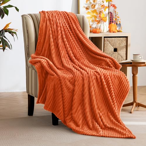 MIULEE Fall Burnt Orange Fleece Throw Blanket for Couch 300GSM Super Soft Lightweight Plush Striped Throws, Warm Cozy Breathable Ribbed Blanket for Bed/Sofa, Twin Size 60"x80" - color: Burnt Orange, size: 60"x80"