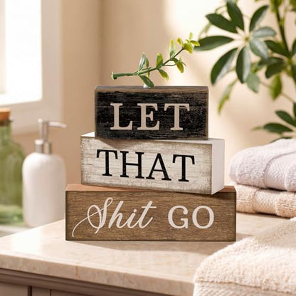 Moucuny 4 Pcs Wooden Block Signs Farmhouse Table Decoration for Bathroom - style: Bathroom