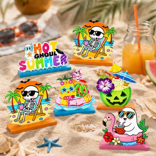 6 Pcs Summerween Wooden Table Centerpieces, Spooky Beach Skeleton Flamingo Tabletop Sign, for Home Kitchen Office Desk Shelves