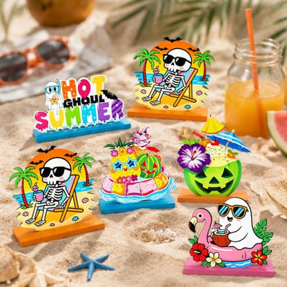 6 Pcs Summerween Wooden Table Centerpieces, Spooky Beach Skeleton Flamingo Tabletop Sign, for Home Kitchen Office Desk Shelves