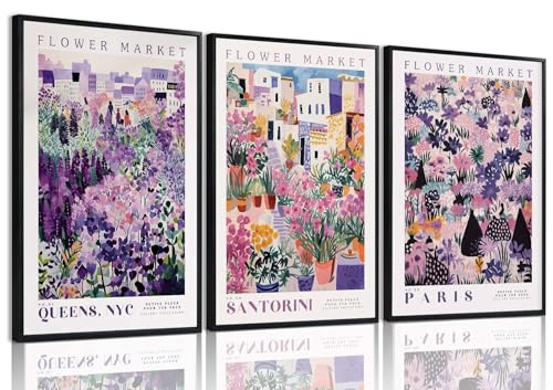 XLARTMY Flower Market Wall Art Prints Canvas Purple and Pink Floral Paintings Colorful Botanical Travel Flower Posters for Home Decor Pictures Set of 3 for Living Room Bedroom 16x24in Unframed - color: Flower Market PUrple, size: 16x24in Poster