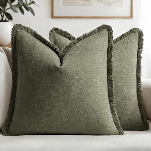 MIULEE Boho Linen Fringe Decorative Throw Pillow Covers Olive Green 20x20 - color: Olive Green, size: 20" x 20" (Pack of 2)