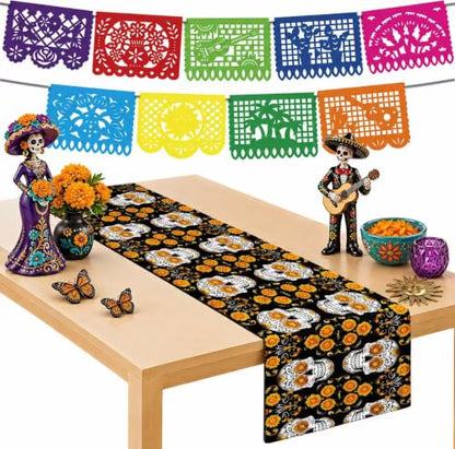 Dia De Los Muertos Decorations - Sugar Skull Table Runner with Banner - color: Dia De Los Muertos