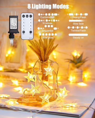 Minetom 66ft Plug in Star String Lights Plug in with Remote and Timer - color: Star - Warm White - 66 FT