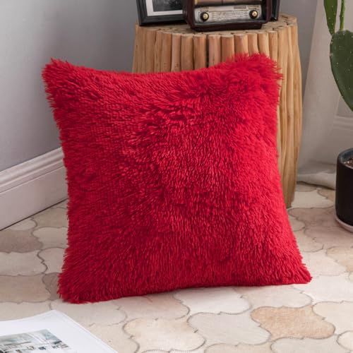 ANRODUO Christmas Plush Decorative Pillow Covers Red 18x18 Inch Pack of 2 - color: Christmas Red, size: 18" x 18" (Pack of 2)