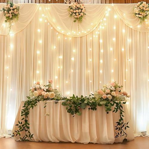 10 x 10 Champagne Backdrop Curtains with Lights String for Party - color: Champagne, size: W5' x H10'(2 panels)