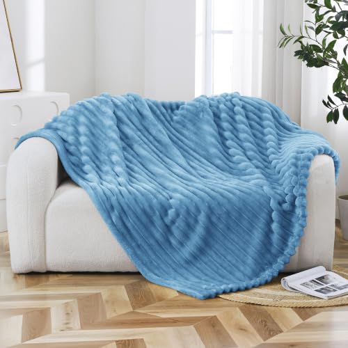 Taliska Ribbed Fleece Throw Blanket for Bed, Light Blue, 90"x90" - color: Light Blue, size: Throw(90"x90")