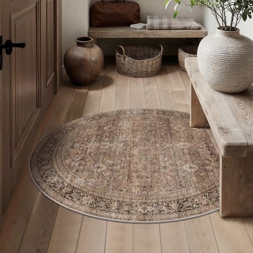 Schweek 4ft Round Rug Brown Washable Non-Slip Circle Rugs Neutral Area Rug - color: Brown, size: 4' (Round)