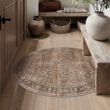 Schweek 4ft Round Rug Brown Washable Non-Slip Circle Rugs Neutral Area Rug - color: Brown, size: 4' (Round)