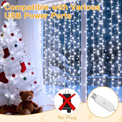 Ollny Curtain Lights 6.6x6.6ft, 200 LED White Christmas Lights with Remote - color: Cool White, size: 200 LED