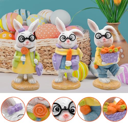 nuvagiki Spring Decorations for Home,3PCS Spring Bunny Figurines Decor, Rustic Farmhouse Bunny with Basket, Carrot Kitchen Table Tiered Tray Decor, Spring Office Classroom Decorations