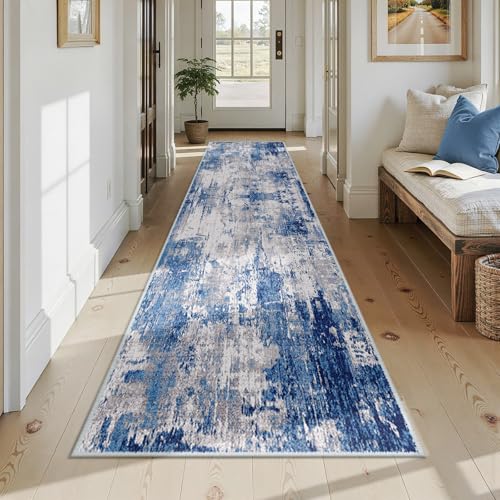RELEANY Washable Runner 2'6"x12' Abstract Area Rug for Hallway Blue Gray - color: Blue/Gray, size: 2'6" x 12' (Runner)