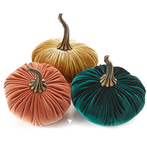 Set of 3 Velvet 6.25 Inch Pumpkin (Harvest, Gold, Emerald) - color: Harvest, Gold, Emerald