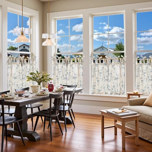jinchan Blue Floral Kitchen Tier Curtains Alisa 24 Inches Tie Top 2 Panles - color: Alisa Blue on Linen, size: 26"W x 24"L (Pack of 2)