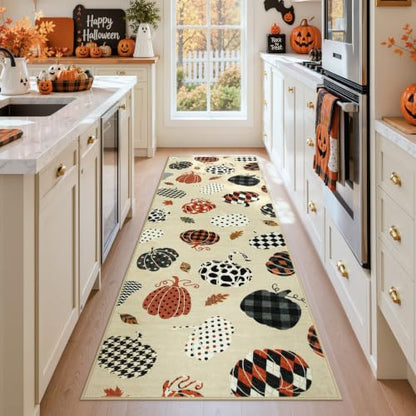 2x6 Beige Halloween Fall Pumpkin Print Hallway Runner Rug for Kitchen - color: Beige1 - Pumpkin, size: 2' x 6' (Rectangular)