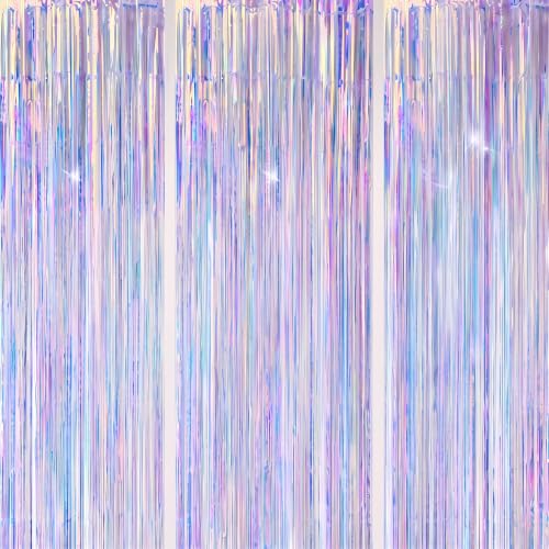 DECOCKRAT 3 Pack Foil Fringe Backdrop - Iridescent Shiny Tinsel Curtains for Party Decoration/Photo Booth Props - 3.3x8.2 FT Metallic Foil Backdrop for Birthday, Wedding, Graduation, Christmas. - color: Iridescent