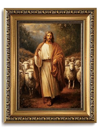 WZGZXU Vintage Gold Framed Wall Art Jesus And Lamb Canvas Wall Decor - color: Jesus sheep, size: 10"L x 8"W
