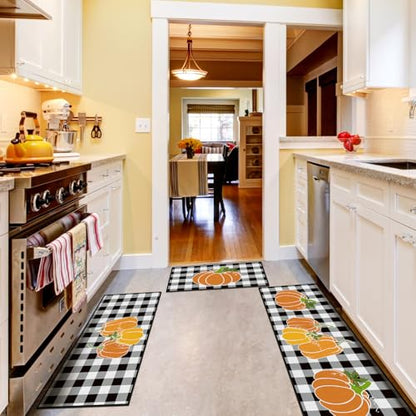 Fourluoo 3 Pcs Fall Pumpkin Kitchen Rugs and Mats Buffalo Plaid - color: Pumpkin