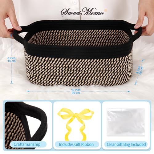 Gift Basket Empty with Handles, 12x8x5 inch - Small Woven Basket for Baby Nursery, Toys, Towels, Wedding, Birthday Gifting - With Gift Bag & Ribbon (Black Brown, 1PC) - color: Black and Brown, size: 1 Pack