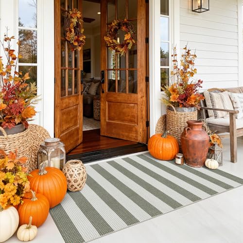 Striped Fall Outdoor Rug 3x5, Boho Cotton Washable Front Door Mat - color: Green, size: 3'x5'