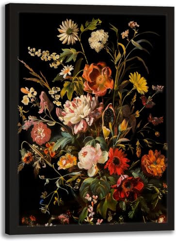 Framed Canvas Wall Art Vintage Floral Painting Botanical Print Poster Dark Background Flower Picture Gallery Wrapped Artwork Wall Decor 8x10 Inch Ready to Hang - color: Black flowers