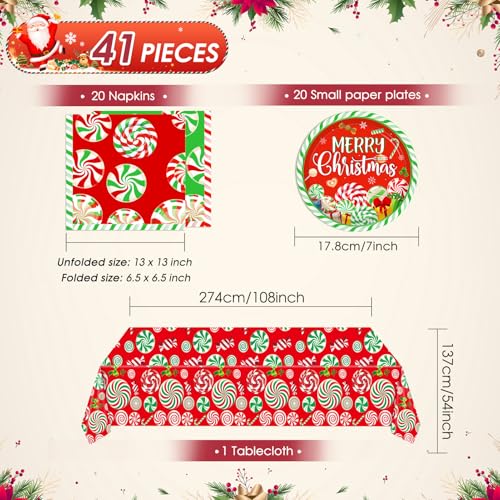 41 Pcs Peppermint Party Tableware Set Include Christmas Candy Cane Paper Plates Napkins and Plastic Tablecloth Red Green Christmas Candy Winter Party Decor for Holiday Xmas - color: Candy Christmas