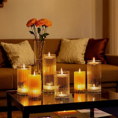yshengood 6 Pcs Glass Hurricane Candle Holder Ribbed Glass Candle Holder - Elegant & Easy to Use, Perfect for Wedding, Holiday, Party Decor, Home and Event Essential