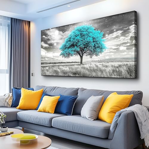 KELIYUAN Modern Canvas Print Wall Art Blue Tree Painting Full Of Stars Black And White Art pictures Natural Landscape Wall Decoration Suitable For Living Room Bedroom Office Framed Stretch 20x40 In - color: Blue Tree, size: 40"L x 20"W