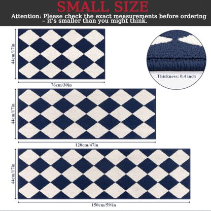 SHACOS Kitchen Rugs Set of 3 Checkered Kitchen Mats for Floo, Blue/White - color: Blue/White, size: 17"x30"+17"x47"+17"x59"