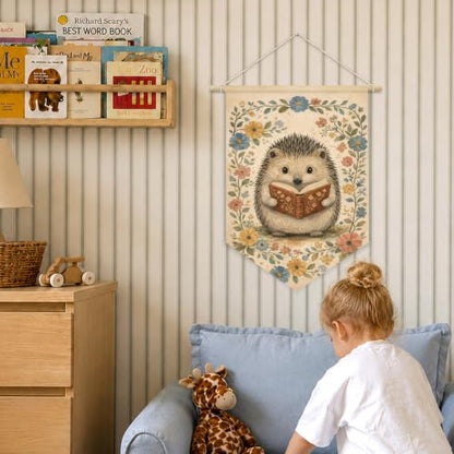 Cute Hedgehog Reading Book Woodland Nursery Decor Wall Hanging Flag - color: 01-Cute Hedgehog Reading Book(Beige)