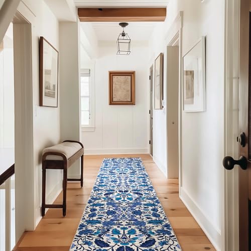 EverGrace Hallyway Area Runner Rugs 2x10, Boho Floral Faux Wool Indoor Outdoor Rugs, Washable Rugs for Bedroom Dining Room Living Room Kitchen, Low Pile Floor Mat Carpet for Home Decor, Celtic Blue - color: Celtic Blue Multi, size: 2'x10'