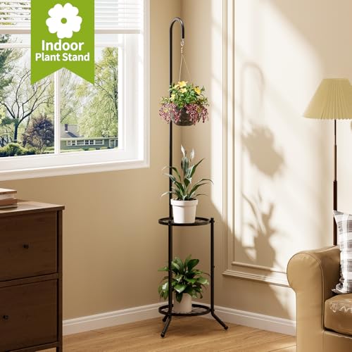 BMOSU Plant Stand with Hooks Indoor Outdoor Corner Tall Plant Stand Heavy-Duty Metal 3-Tier Plant Shelf Holder Rack for Patio Garden Balcony Living Room Bedroom(semicircular Black)