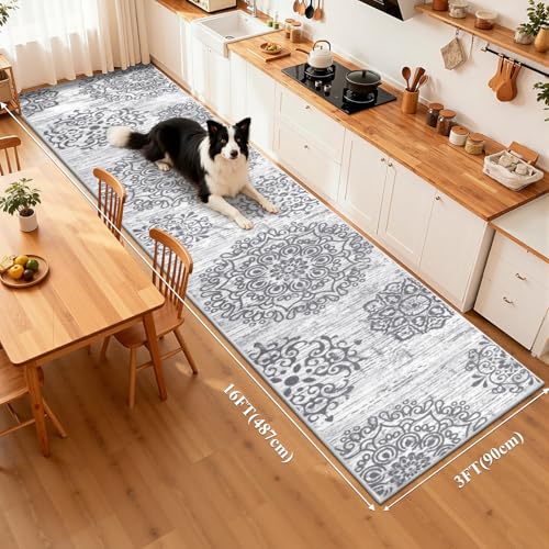 HEBE Hallway Runner Rug 3'x16', Washable Non Slip Kitchen Rug Runner - color: Grey, size: 3' x 16' (Rectangular)