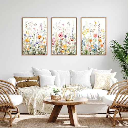 FWIEXA Floral Canvas Wall Art, Framed Wildflower Pictures Wall Decor, Large Flower Prints, Colorful Botanical Artwork, Watercolor Painting 3 Panel 24x36 Inches for Living Room, Bedroom, Office, Home - color: Colorful Wildflower, size: 24"L x 36"W