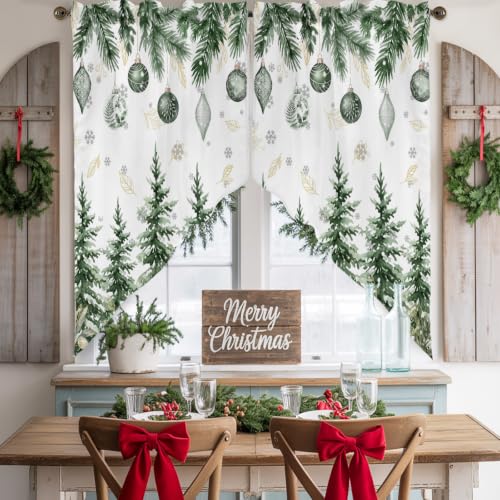 Christmas Swag Valances Kitchen Curtains 36 Inches Length,Winter Green Xmas Trees Pine Needle Tier Drapes Swag Topper,Sparkle Ball Snowflakes Short Window Treatments for Small Windows 2 Panels 28"x36" - color: Green White Gold, size: 28"W x 36"L (Pack of