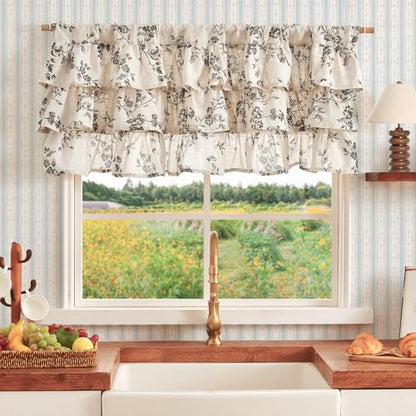 jinchan Alisa Ruffled Floral Valance Curtain 18 Inch 1 Panel Black on Linen - color: Alisa Black on Linen