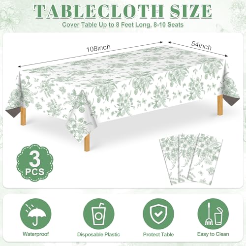 NatNarr 3 Pack Sage Green Floral Plastic Tablecloths, Tea Party Tablecloth - color: Sage Green Floral