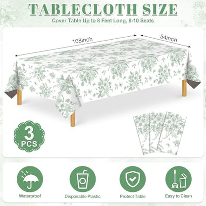 NatNarr 3 Pack Sage Green Floral Plastic Tablecloths, Tea Party Tablecloth - color: Sage Green Floral