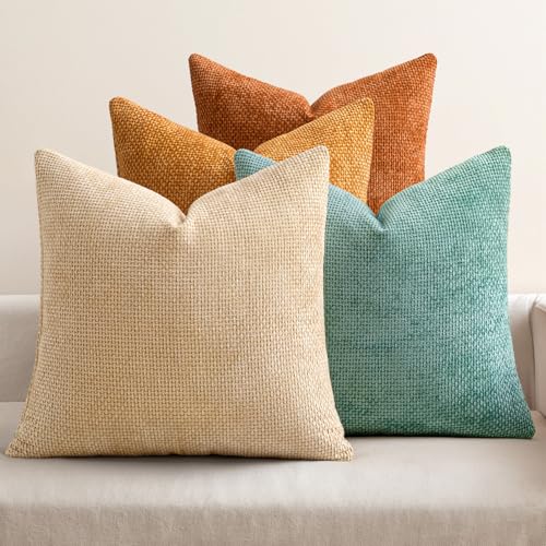 MIULEE Soft Decorative Chenille Fall Pillow Covers Beige Orange Teal 18x18 - color: Orange/Teal, size: 18" x 18" (Pack of 4)