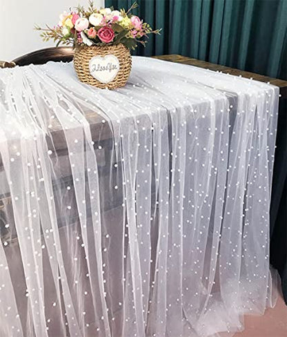 Wedding Table Tulle Tablecloth White Pearl Tulle Veil Fabrics Arch Dessert Table Decorations 10ft Party Sweetheart Table Décor Big and Small Beaded Pearl Fabric 2pcs 60x120 Inch